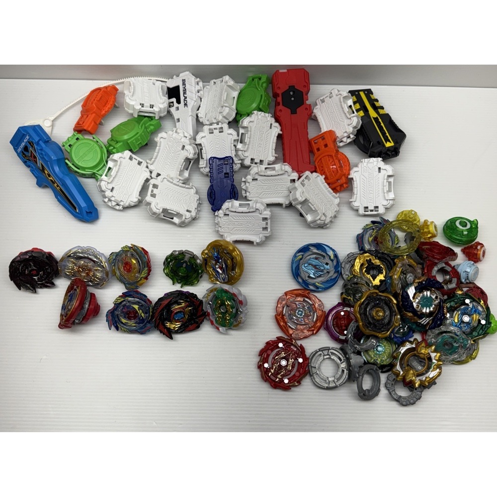 Assorted Large Lot of Beyblade Bay Blades Launchers & Parts Metal & Plastic